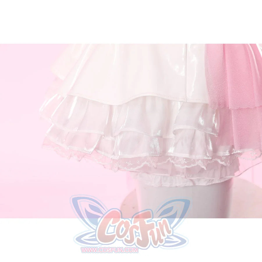 Wuthering Waves Aemeath cosplay layered skirt hem gathers glossy white tiers above embroidered lace trim.