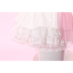 Wuthering Waves Aemeath cosplay layered skirt hem gathers glossy white tiers above embroidered lace trim.