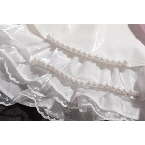 Wuthering Waves Aemeath cosplay skirt trim detail lines glossy ruffles with pearl-like beads and embroidered lace.