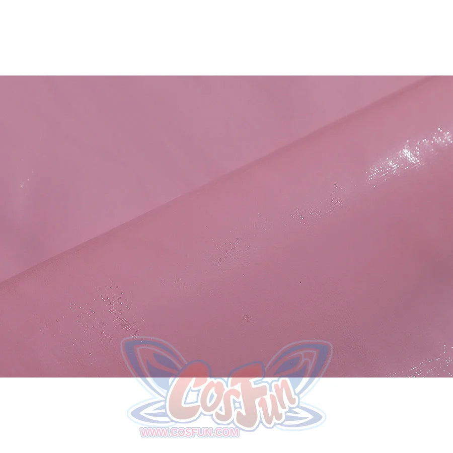 Wuthering Waves Aemeath cosplay pink glossy panel detail reflects light across a soft strap or bow material.