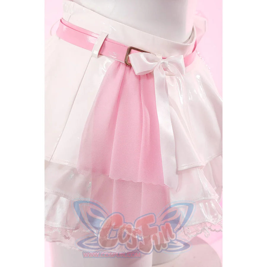 Wuthering Waves Aemeath cosplay skirt panel detail drops a soft pink side layer between white ruffles and lace trim.
