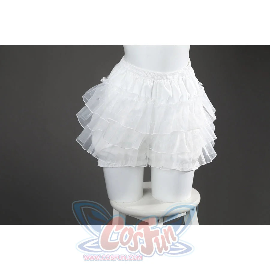 Wuthering Waves Aemeath cosplay pumpkin shorts front view gathers glossy white ruffles into a tiered silhouette.