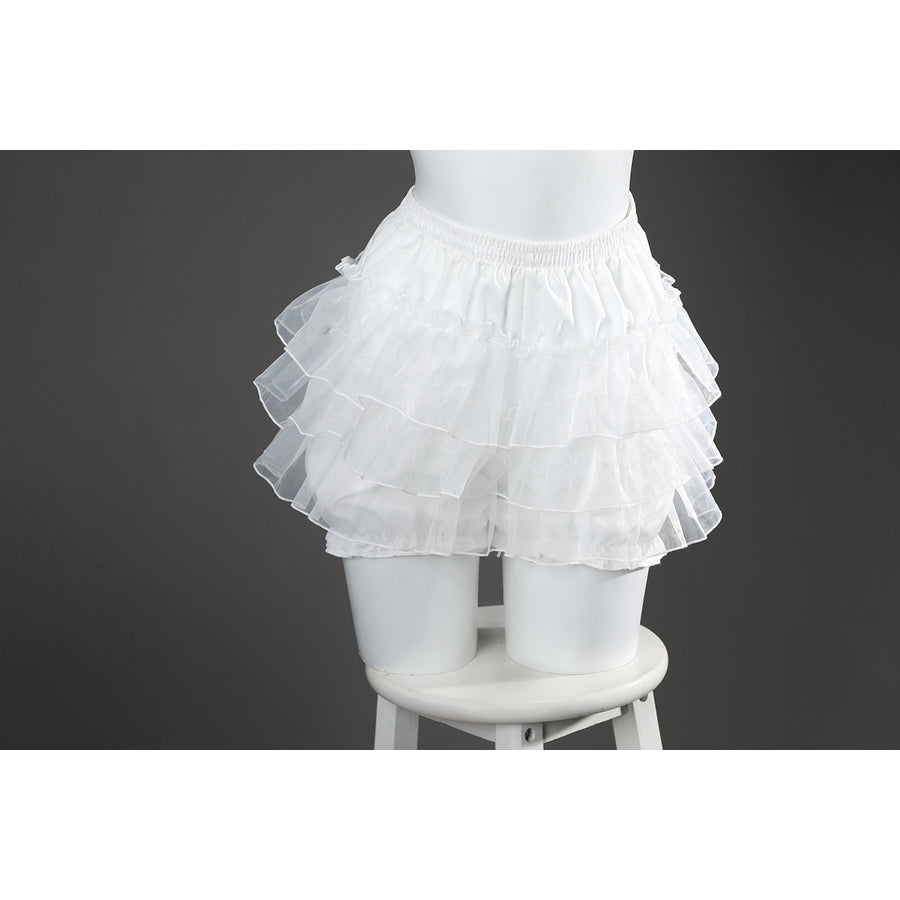 Wuthering Waves Aemeath cosplay pumpkin shorts front view gathers glossy white ruffles into a tiered silhouette.