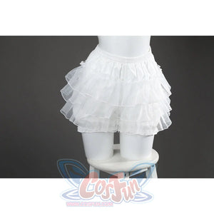 Wuthering Waves Aemeath cosplay pumpkin shorts front view gathers glossy white ruffles into a tiered silhouette.