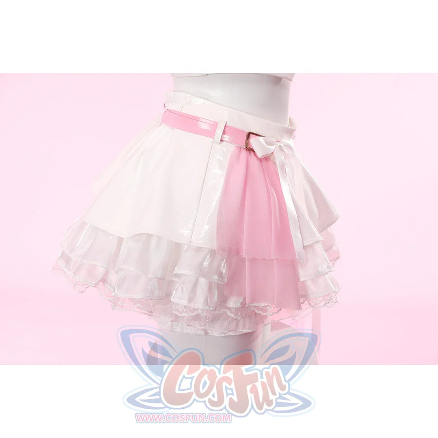 Wuthering Waves Aemeath cosplay skirt front detail sets a pink belt and bow above layered white ruffles.