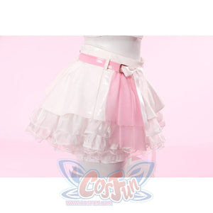 Wuthering Waves Aemeath cosplay skirt front detail sets a pink belt and bow above layered white ruffles.