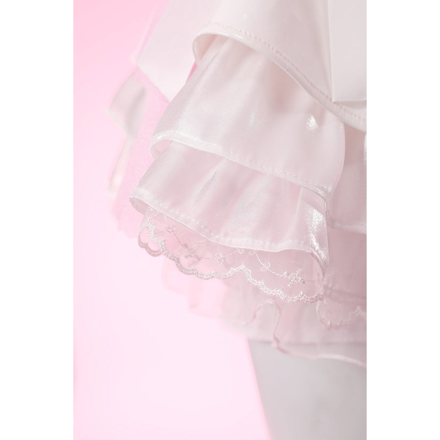 Wuthering Waves Aemeath cosplay skirt hem close-up layers glossy ruffles over embroidered lace and soft pink mesh.