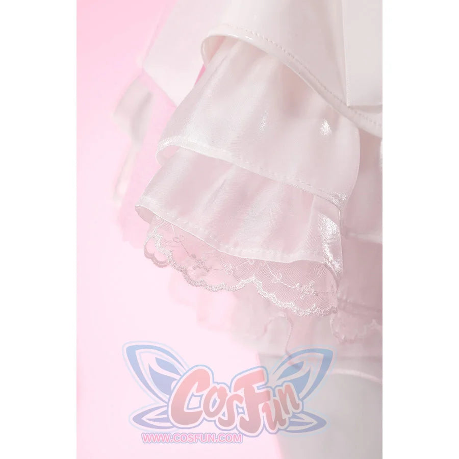 Wuthering Waves Aemeath cosplay skirt hem close-up layers glossy ruffles over embroidered lace and soft pink mesh.