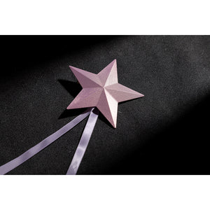 Wuthering Waves Aemeath cosplay star hair tie detail sets a folded pink star above long ribbon tails.
