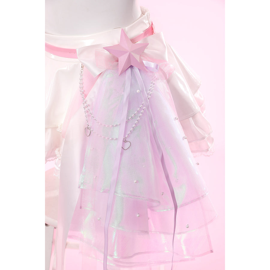 Wuthering Waves Aemeath cosplay trailing waist bow detail layers pink gauze, star bow, beads, and ribbon tails.