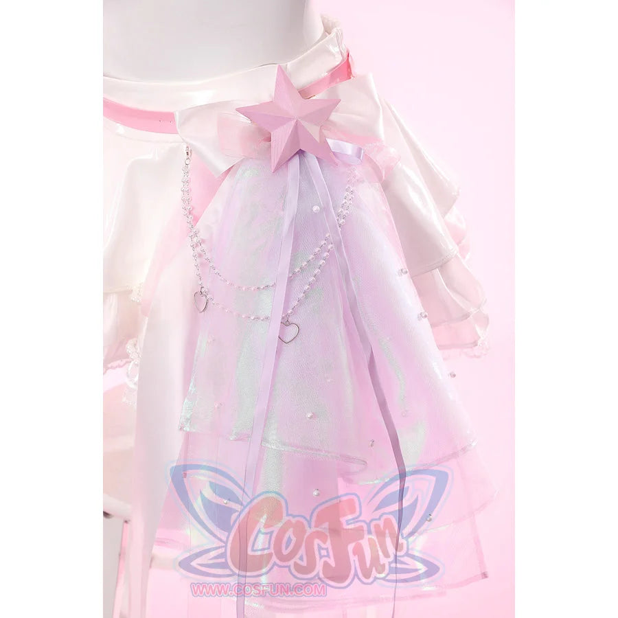 Wuthering Waves Aemeath cosplay trailing waist bow detail layers pink gauze, star bow, beads, and ribbon tails.