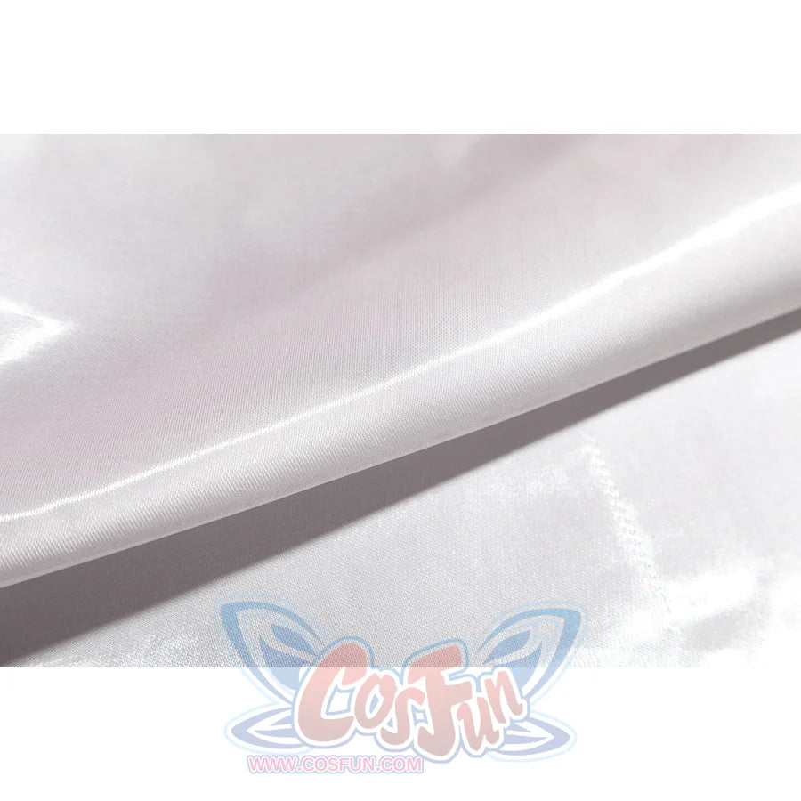 Wuthering Waves Aemeath cosplay white satin panel detail catches a clean glossy fold for the skirt layers.
