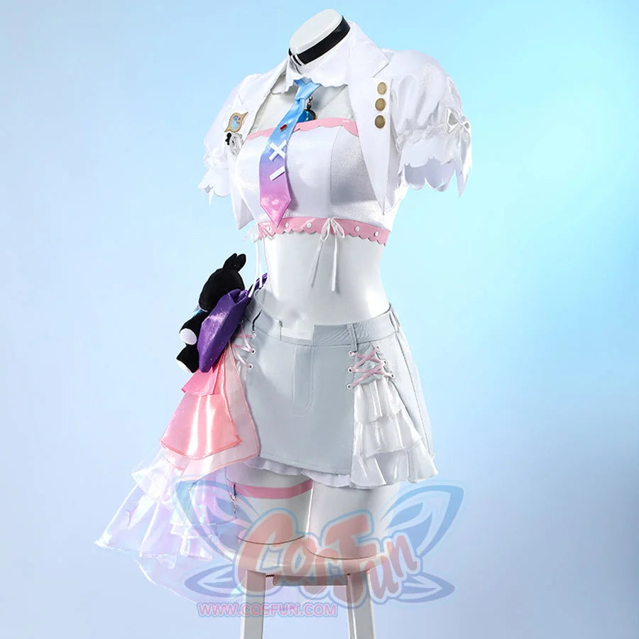 Wuthering Waves Denia cosplay costume angled front view layers the jacket, tie, collar, gloves, and plush side bow.