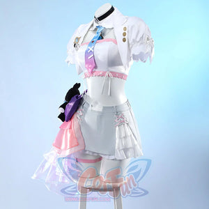 Wuthering Waves Denia cosplay costume angled front view layers the jacket, tie, collar, gloves, and plush side bow.