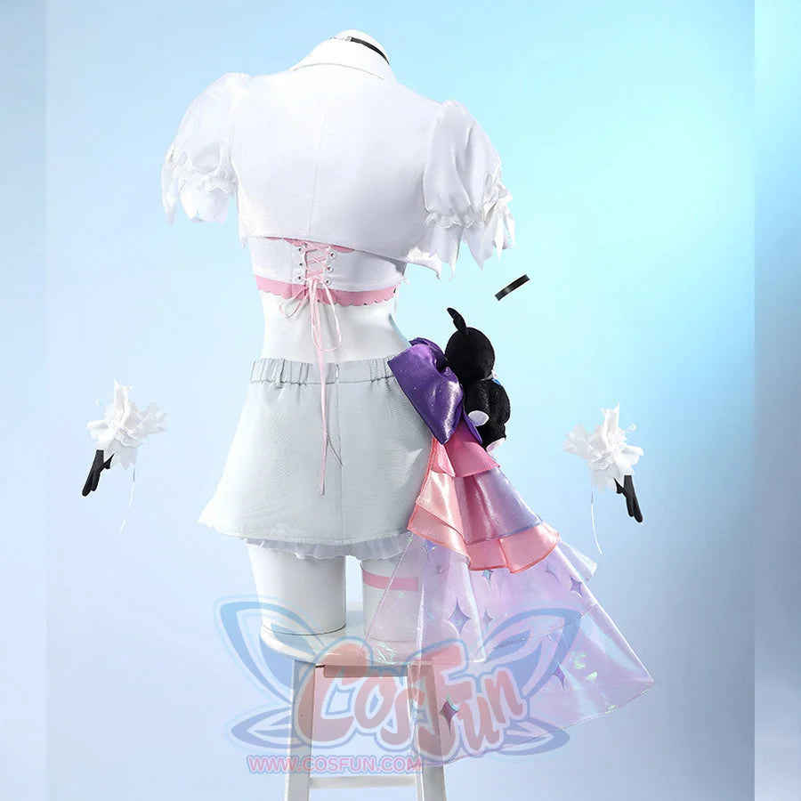 Wuthering Waves Denia cosplay costume back view laces the cropped jacket above skirt shorts and a layered side ribbon.