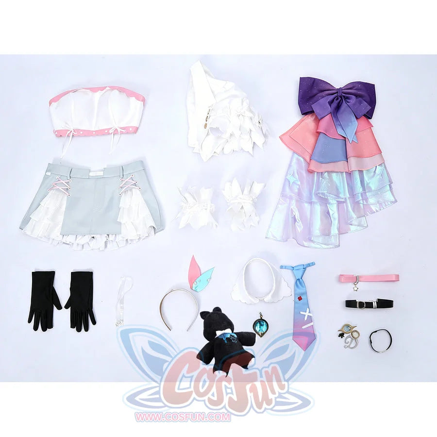 Wuthering Waves Denia cosplay costume flat lay arranges the jacket, skirt shorts, gloves, plush, and accessories.