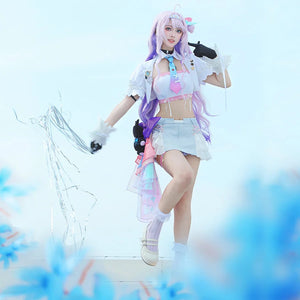 COSFUN Wuthering Waves Denia cosplay costume layers a white jacket and tie over skirt shorts beside a black bear plush.