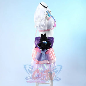 Wuthering Waves Denia cosplay costume profile view stacks the jacket, skirt shorts, plush, and iridescent side ribbon.