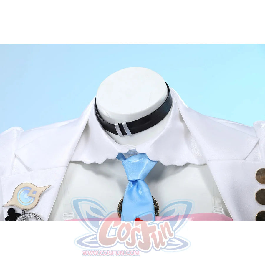 Wuthering Waves Denia cosplay detachable collar detail frames the blue tie beneath a white scalloped collar.
