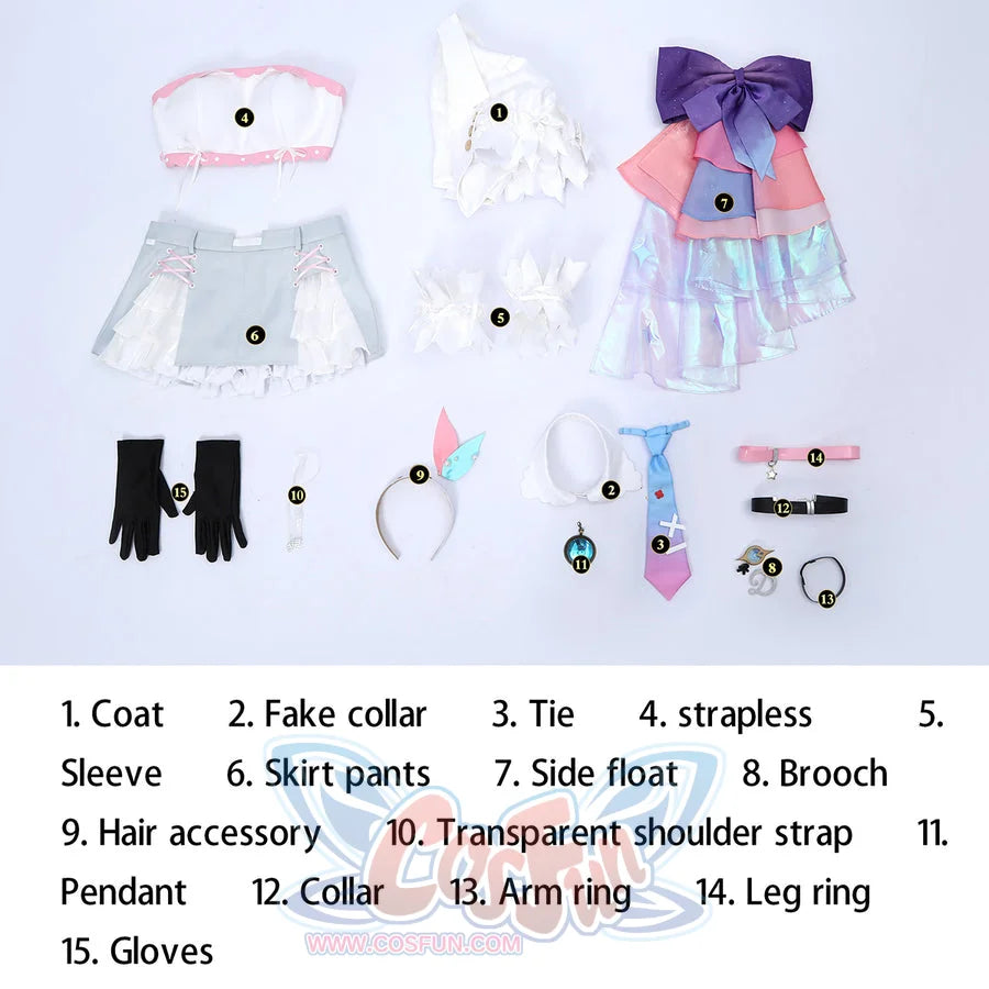 Wuthering Waves Denia cosplay full set flat lay labels the jacket, collar, tie, gloves, plush, and brooch pieces.