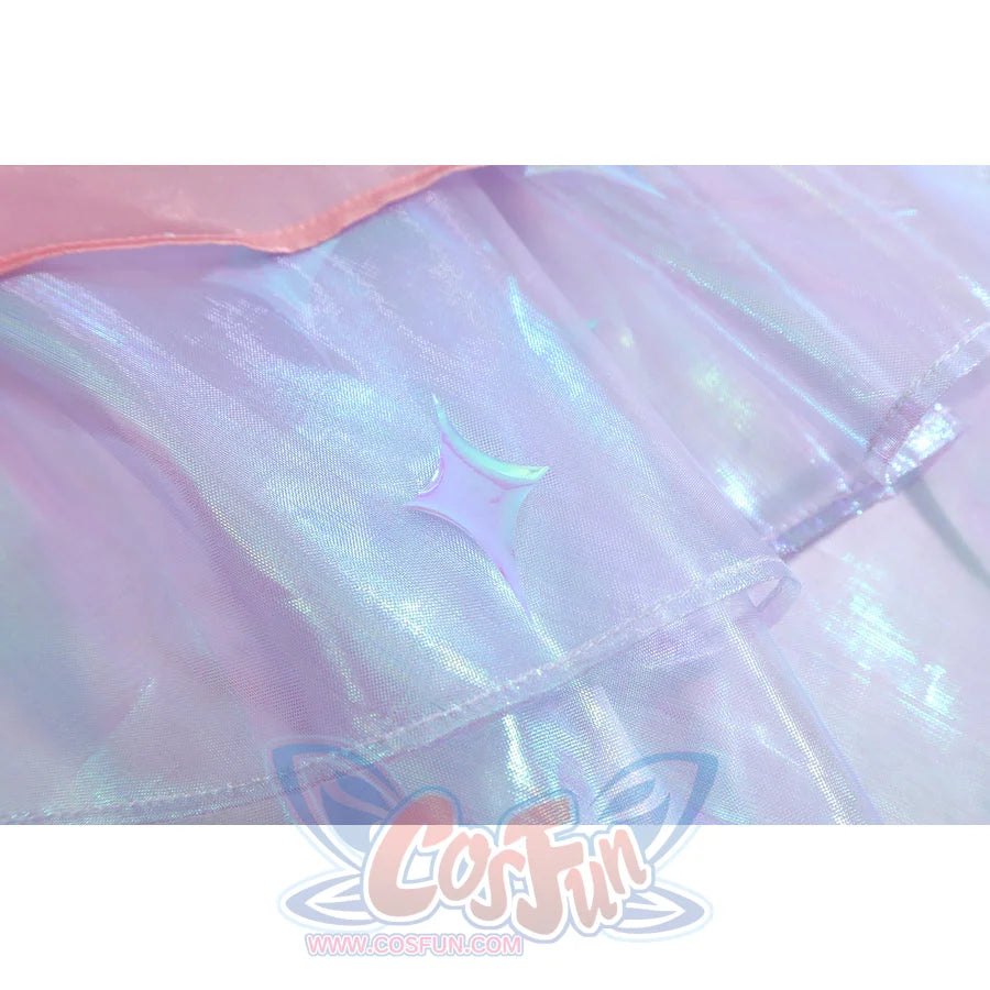 Wuthering Waves Denia cosplay gauze seam detail catches a glossy iridescent layer with stitched edging.