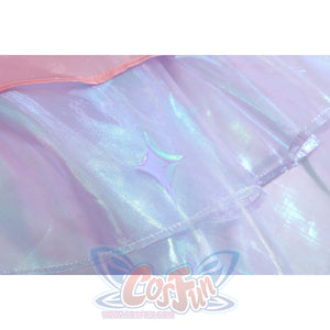 Wuthering Waves Denia cosplay gauze seam detail catches a glossy iridescent layer with stitched edging.