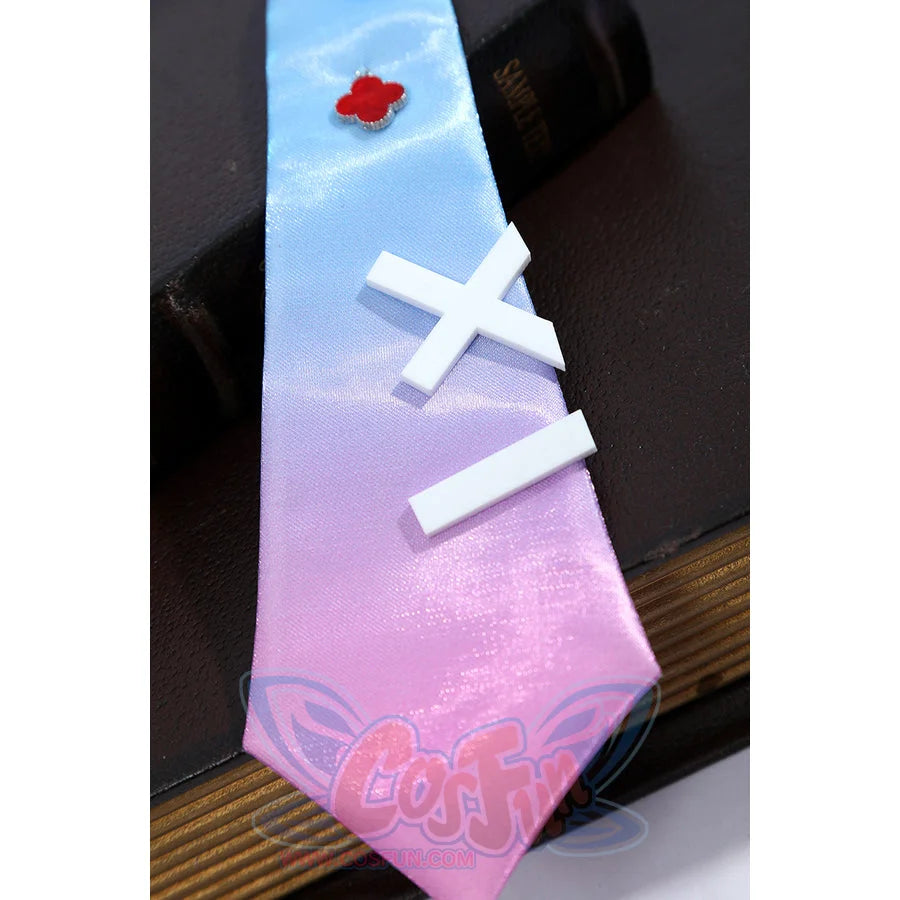 Wuthering Waves Denia cosplay gradient tie close-up sets white cross bars over blue and pink satin.