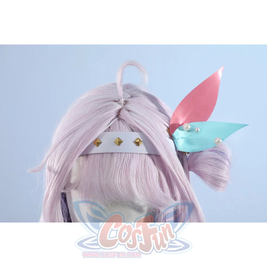 Wuthering Waves Denia cosplay headpiece detail lines gold-tone studs across a white band under pastel fins.