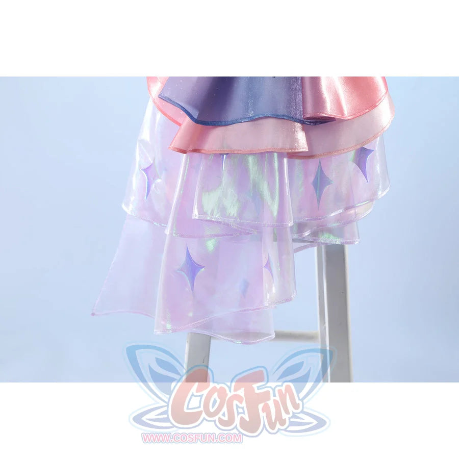 Wuthering Waves Denia cosplay iridescent ribbon hem detail layers pastel gauze under a satin bow.