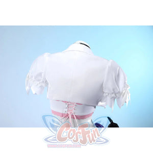 Wuthering Waves Denia cosplay jacket back view ties a cropped white panel above soft puff sleeves.