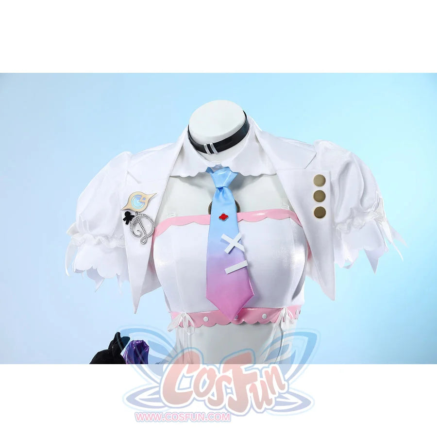 Wuthering Waves Denia cosplay jacket front detail sets a blue-to-pink tie under a white collar and puff sleeves.