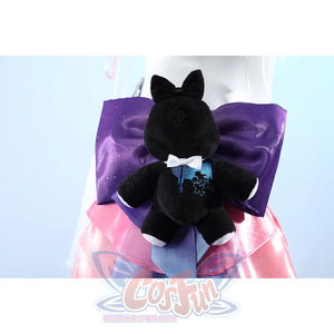Wuthering Waves Denia cosplay plush bow back detail centers the black bear over purple satin and pink layers.