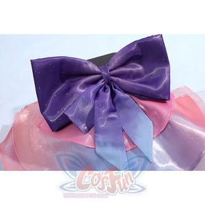 Wuthering Waves Denia cosplay purple side bow detail gathers satin folds over pink and blue ribbon tails.