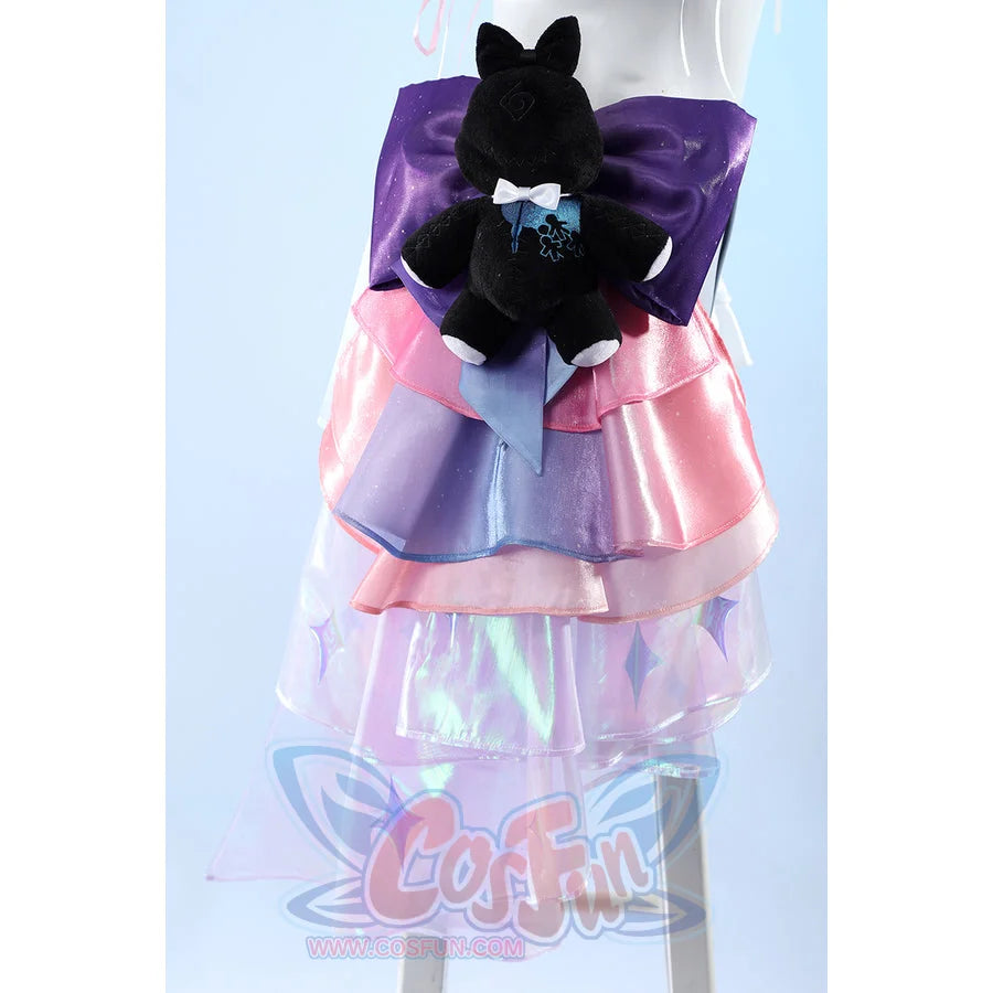 Wuthering Waves Denia cosplay side ribbon back detail cascades pink, purple, and iridescent panels beneath the plush.