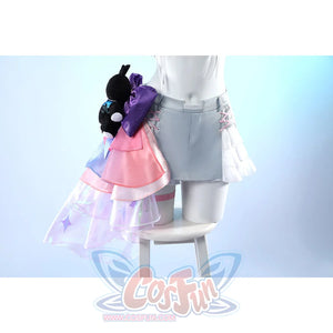 Wuthering Waves Denia cosplay side ribbon detail layers the black bear plush over satin bows and iridescent gauze.