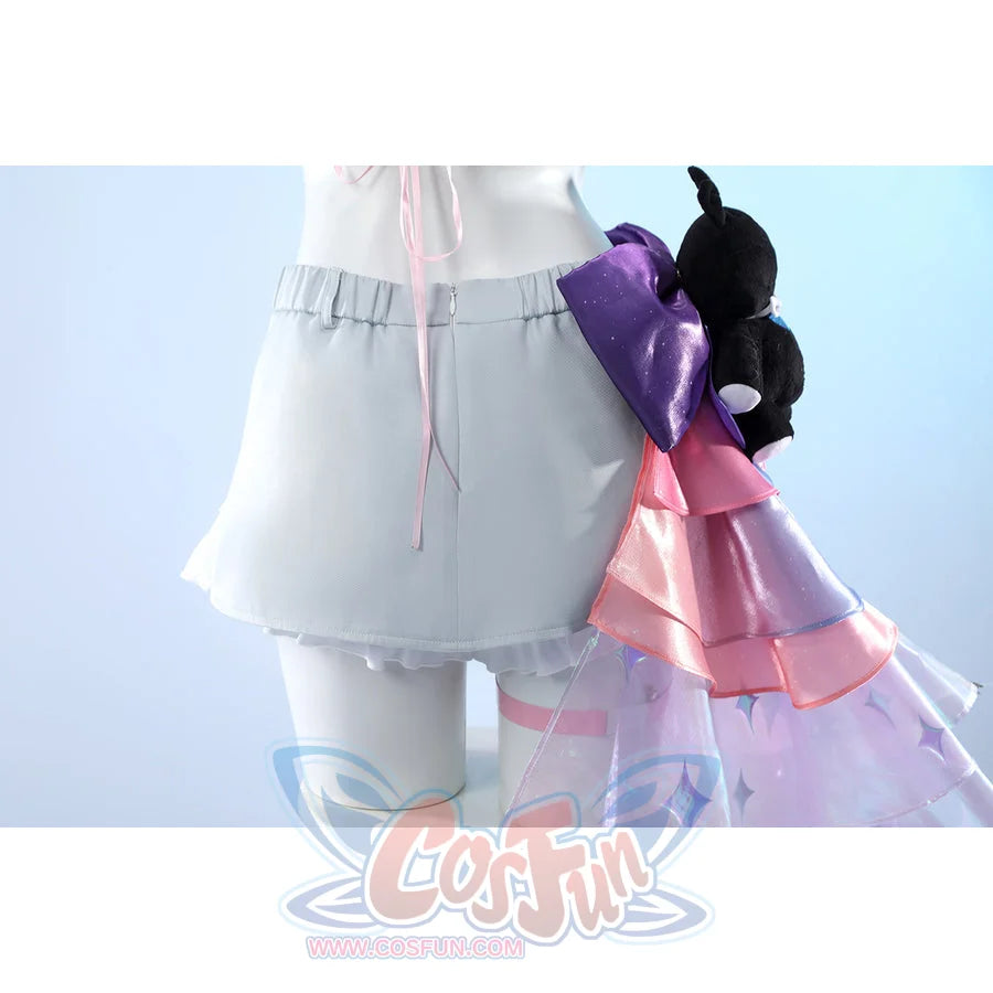 Wuthering Waves Denia cosplay skirt back detail sets pale shorts beside a pink bow and iridescent ribbon tail.