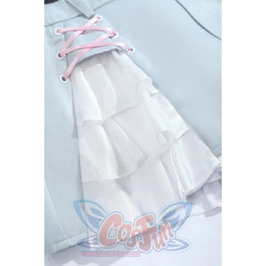 Wuthering Waves Denia cosplay skirt lace-up close-up threads pink cord through silver-tone eyelets and white ruffles.