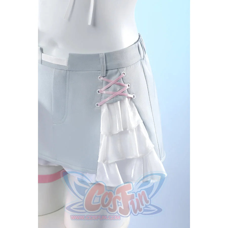 Wuthering Waves Denia cosplay skirt shorts side panel detail laces pink cord beside layered white ruffles.