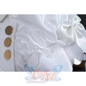 Wuthering Waves Denia cosplay sleeve button detail lines gold-tone buttons beside glossy white ruffles.