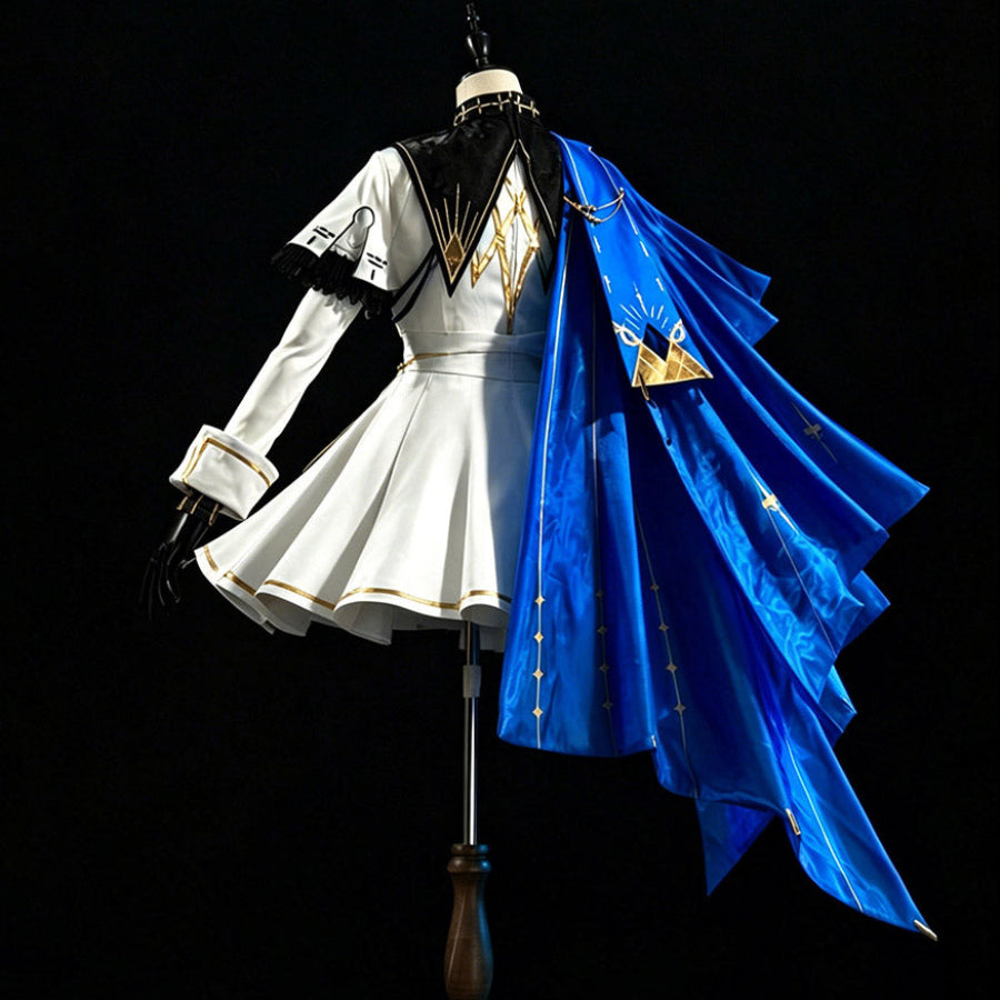 Wuthering Waves Phoebe cosplay costume back view highlights blue draped panels over the white dress.