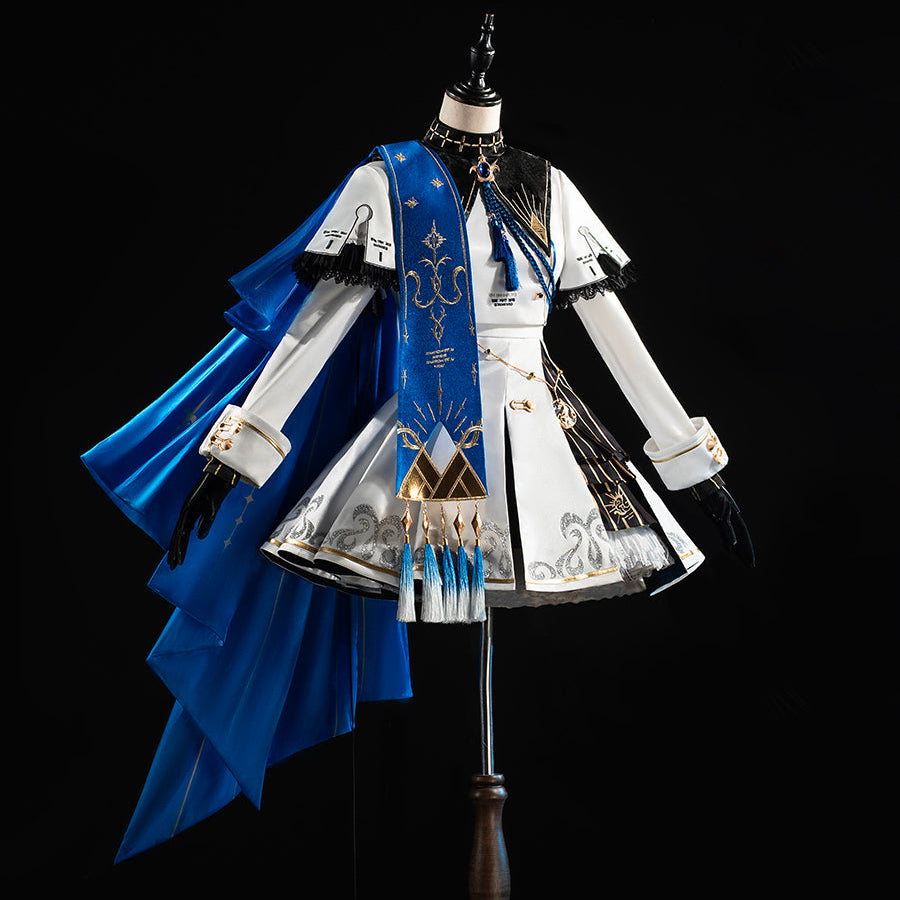 COSFUN Wuthering Waves Phoebe cosplay costume front view sets a white dress beneath blue cape panels