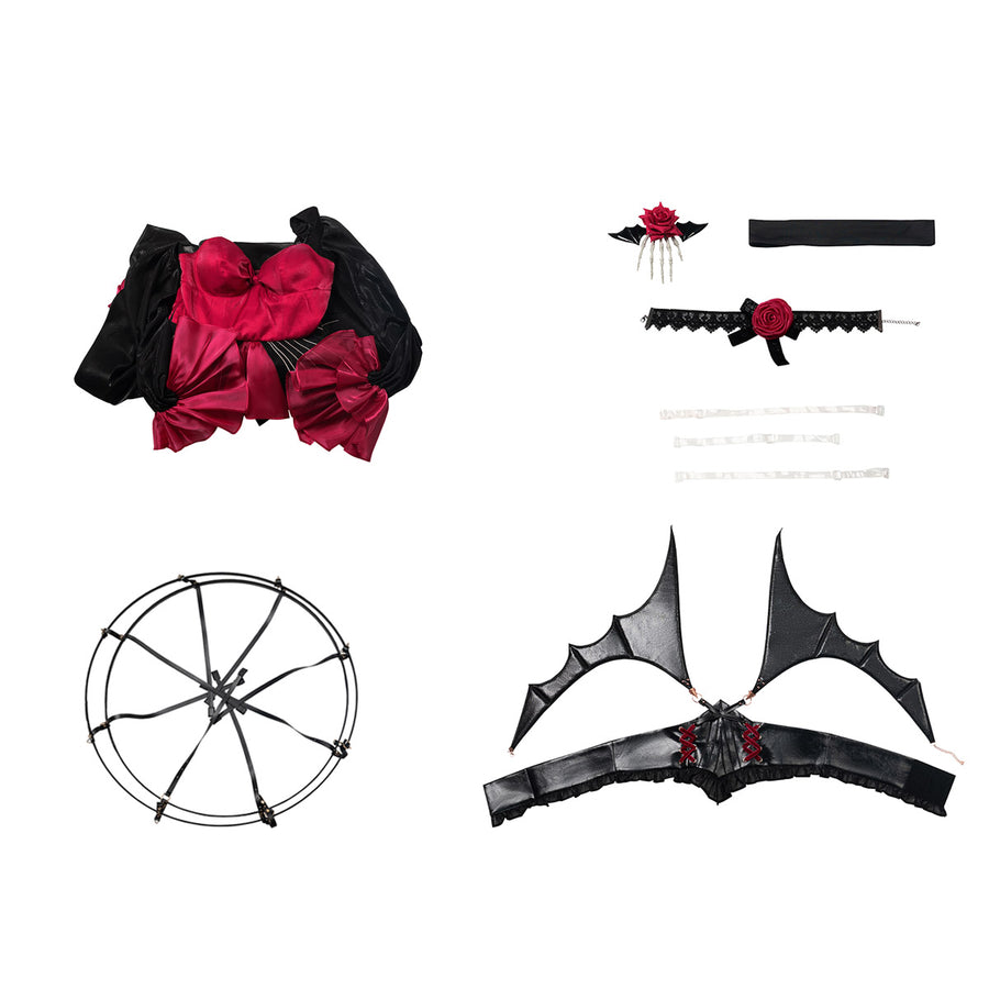Wuthering Waves Phrolova cosplay costume flat lay arranges red dress panels beside the rose headpiece and black straps.