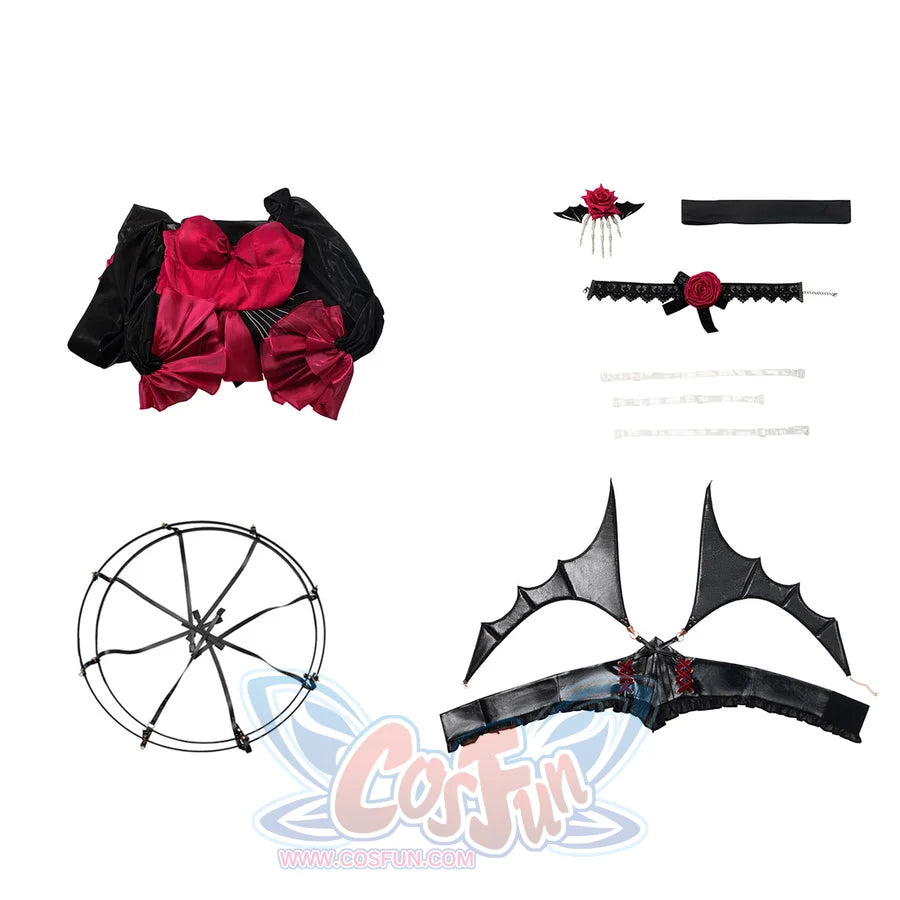 Wuthering Waves Phrolova cosplay costume flat lay arranges red dress panels beside the rose headpiece and black straps.