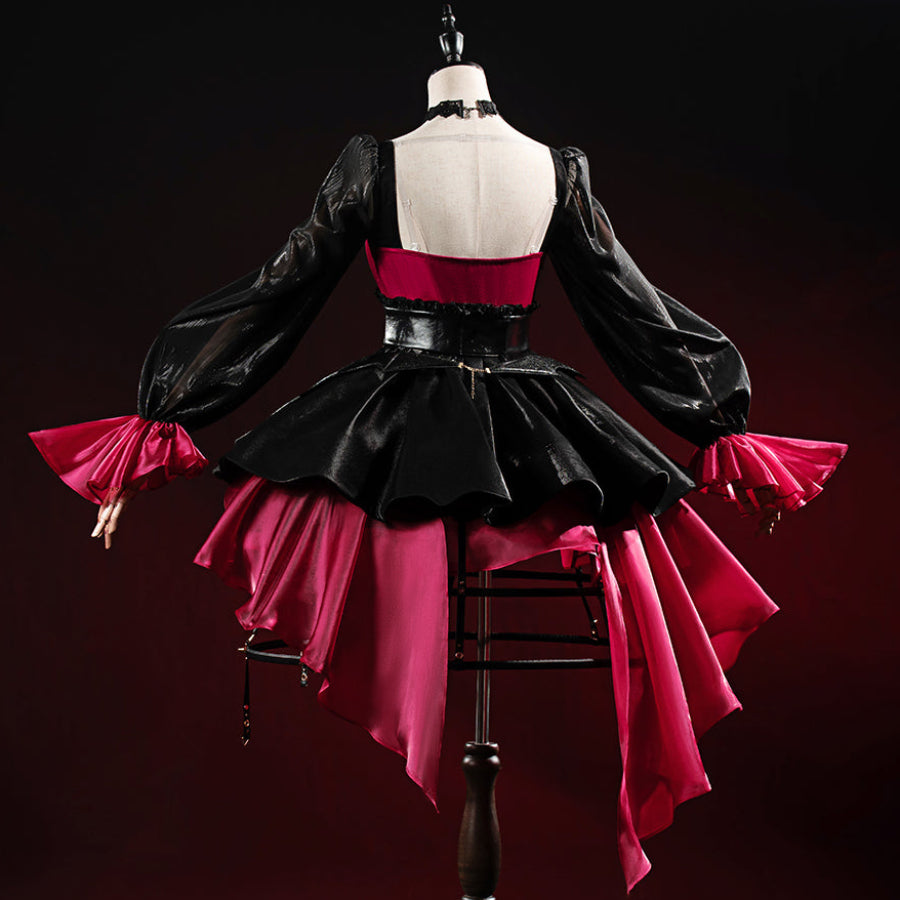 Wuthering Waves Phrolova Night Tales cosplay costume back view shows a black cape over red skirt layers.