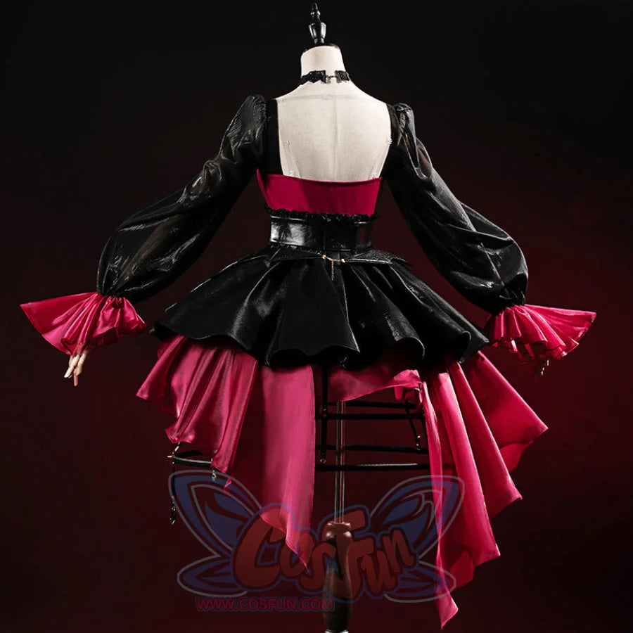 Wuthering Waves Phrolova Night Tales cosplay costume back view shows a black cape over red skirt layers.
