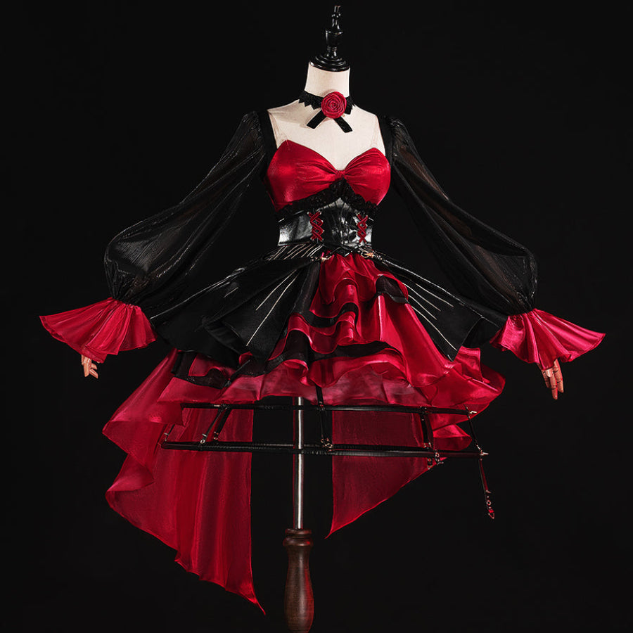 COSFUN Wuthering Waves Phrolova Night Tales cosplay costume front view layers red satin under black bat-wing panels.
