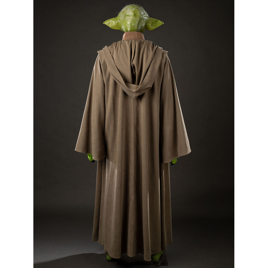 Yoda Master cosplay costume gathers a hooded brown knit robe around the character headpiece for an authentic look.