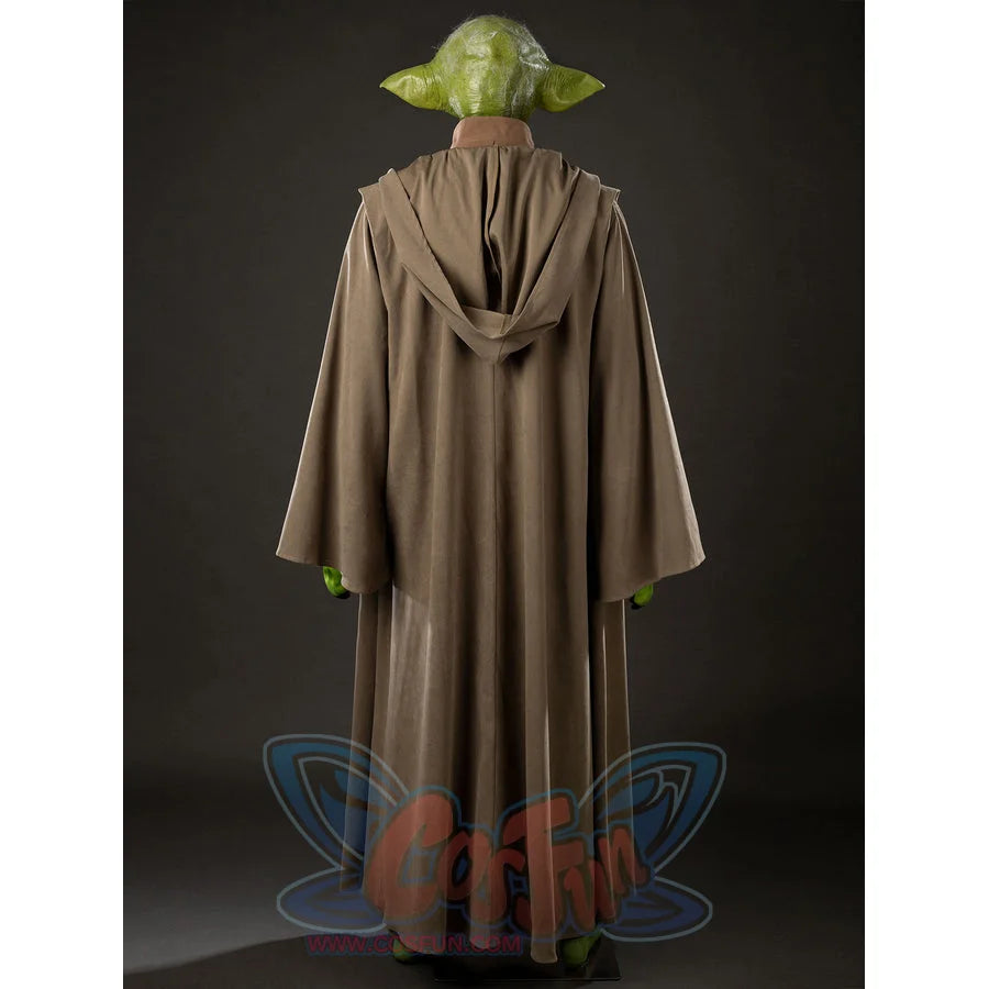 Yoda Master cosplay costume gathers a hooded brown knit robe around the character headpiece for an authentic look.