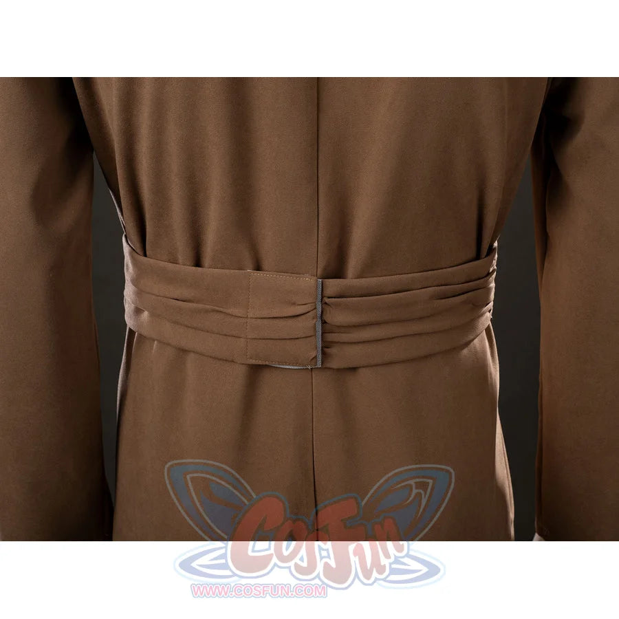 Yoda Master cosplay costume gathers at the waist with a wide brown fabric belt constructed from soft brushed cotton.