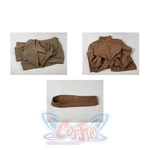 Yoda Master cosplay costume layers the folded brown knit robe with the jumpsuit and waist belt on a soft fabric surface.
